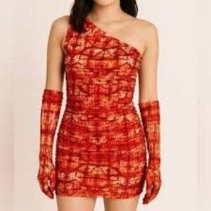 NWOT Miscreants London x Revolve Pink / Orange Printed One Shoulder Mini US 4
